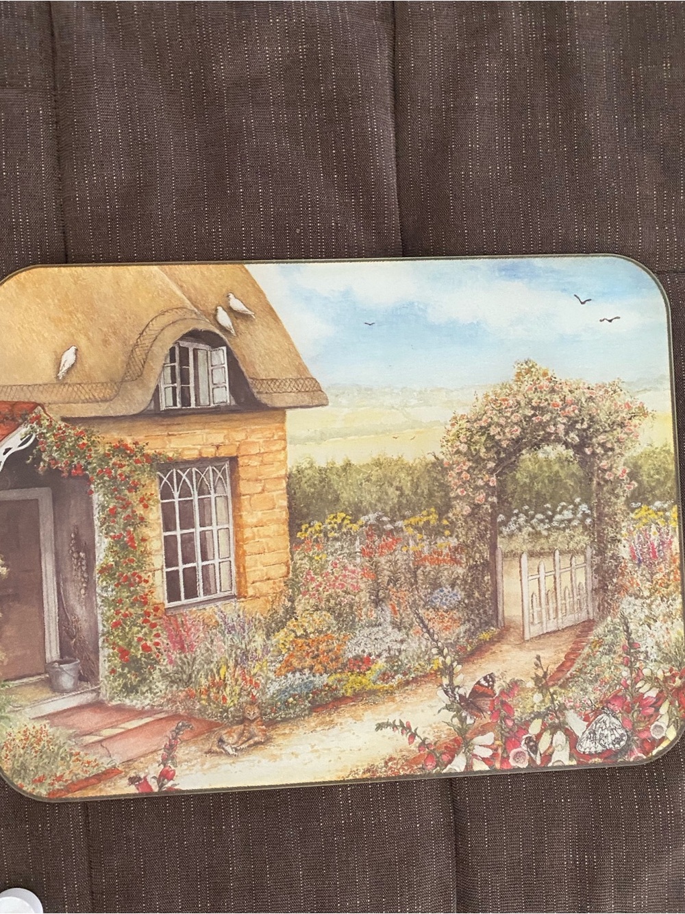 Vintage Cottage Garden Scene Tempered Glass Cutting Board in Multi-Color
